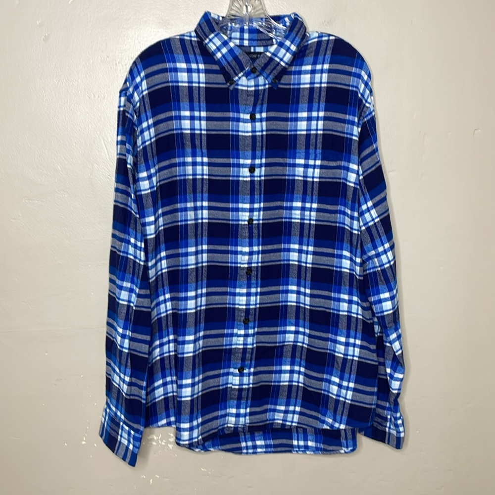 LANDS’ END Flannel Shirt Blue & White Paid Cotton Button Down XL 17-17.5